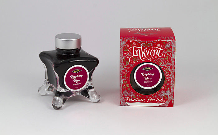 Diamine Raspberry Rose fountain pen ink bottle and packaging on a white background.