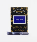Diamine Royal Blue fountain pen ink cartridges and packaging box on a white background.