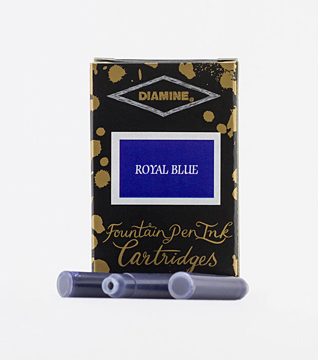 Diamine Royal Blue fountain pen ink cartridges and packaging box on a white background.