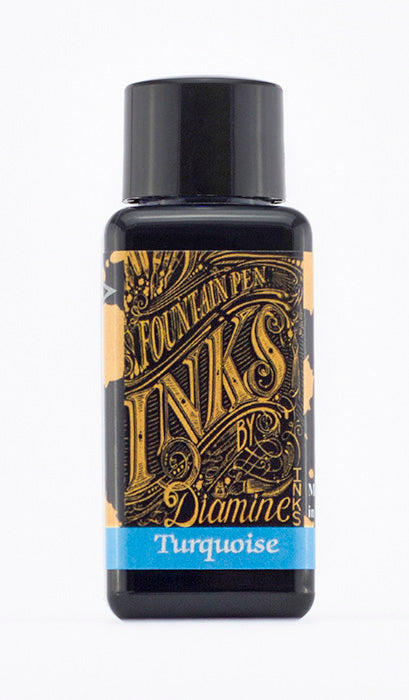 Diamine Turquoise fountain pen ink bottle and packaging on a white background.