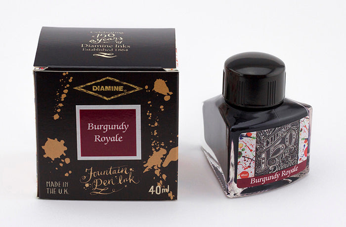 Diamine Burgundy Royale fountain pen ink bottle and packaging on a white background.