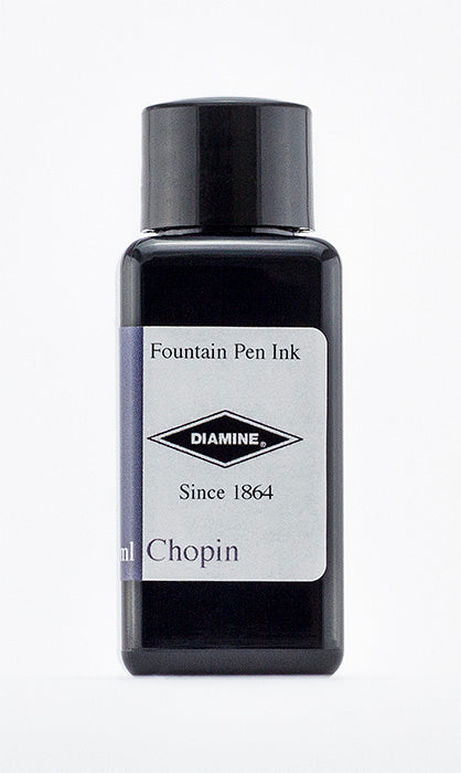 Diamine Chopin fountain pen ink bottle and packaging on a white background.