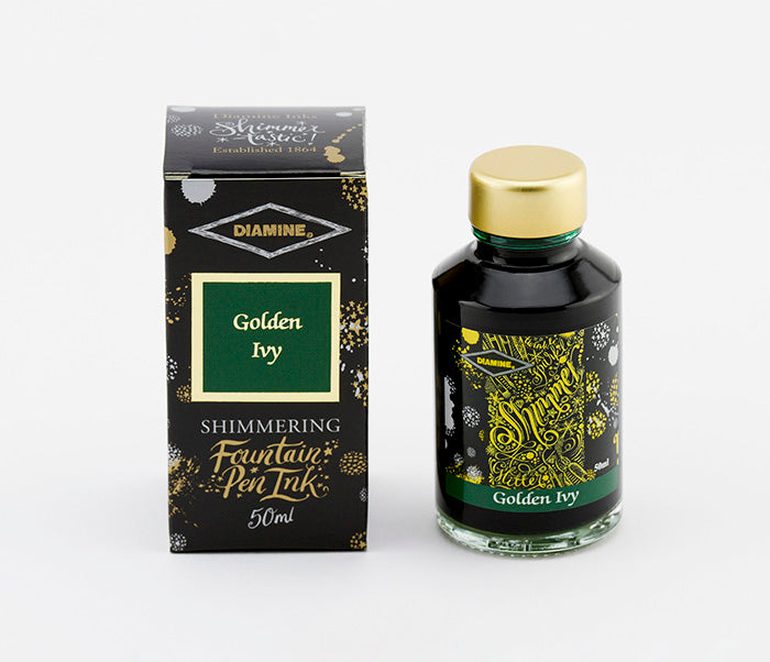 Diamine Golden Ivy fountain pen ink bottle and packaging on a white background.