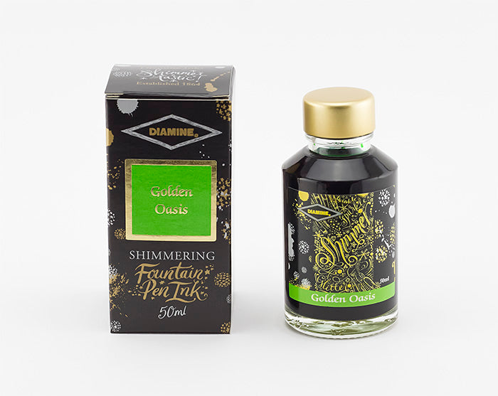 Diamine Golden Oasis fountain pen ink bottle and packaging on a white background.