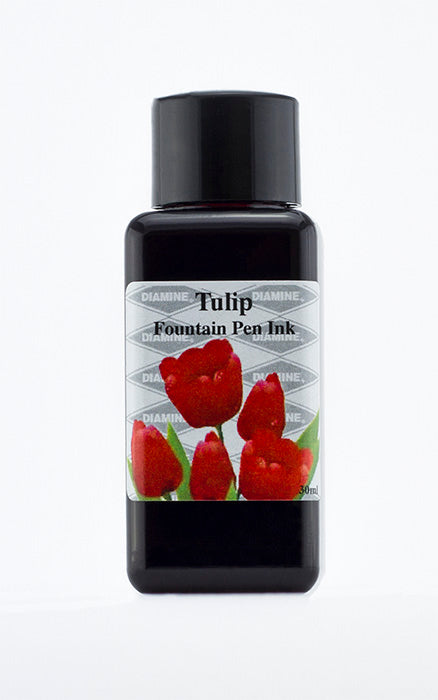 Diamine Tulip fountain pen ink bottle and packaging on a white background.