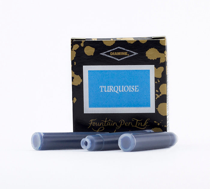 Diamine Turquoise fountain pen ink cartridges and packaging box on a white background.
