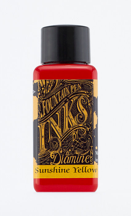 Diamine Sunshine Yellow fountain pen ink bottle and packaging on a white background.