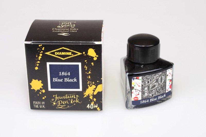 Diamine 1864 Blue Black fountain pen ink bottle and packaging on a white background.