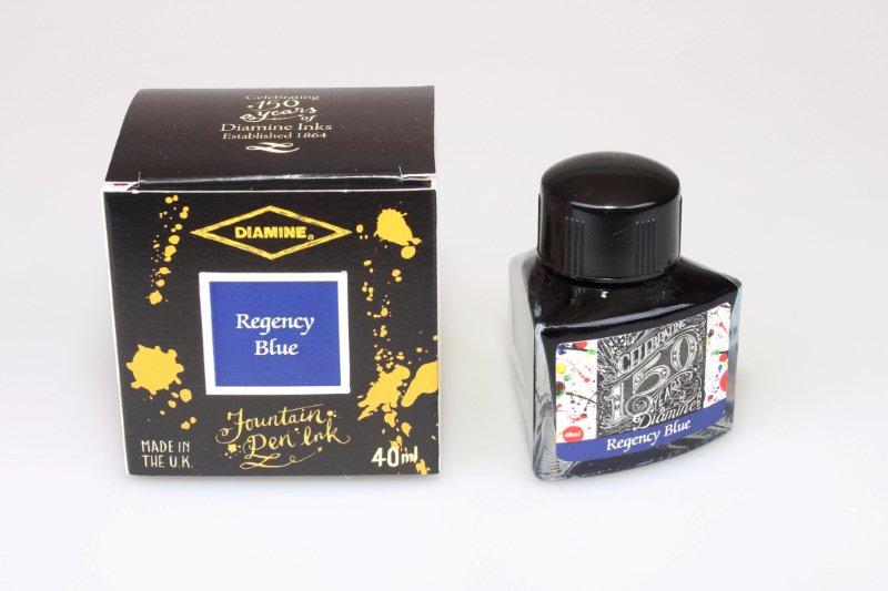 Diamine Regency Blue fountain pen ink bottle and packaging on a white background.