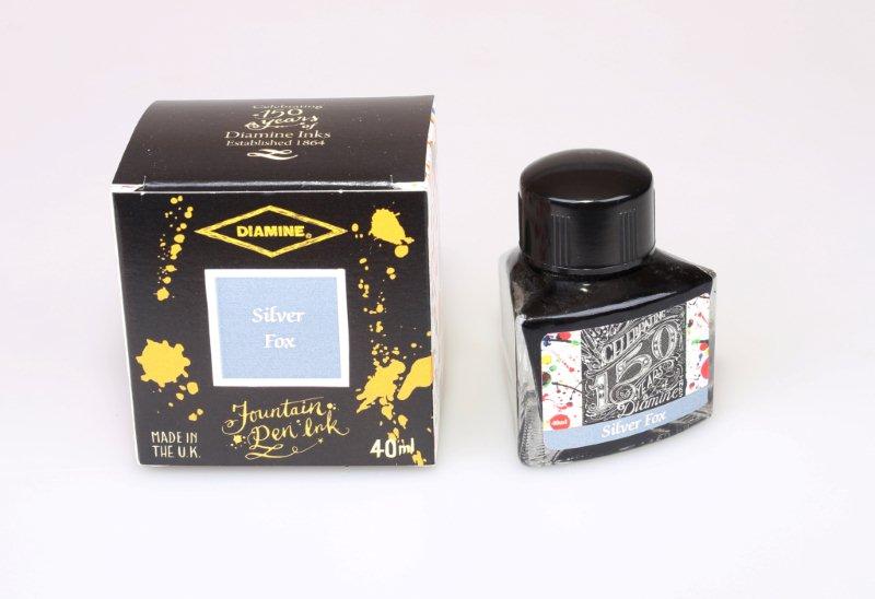 Diamine Silver Fox fountain pen ink bottle and packaging on a white background.