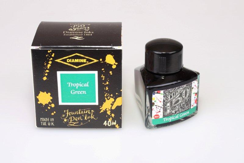 Diamine Tropical Green fountain pen ink bottle and packaging on a white background.