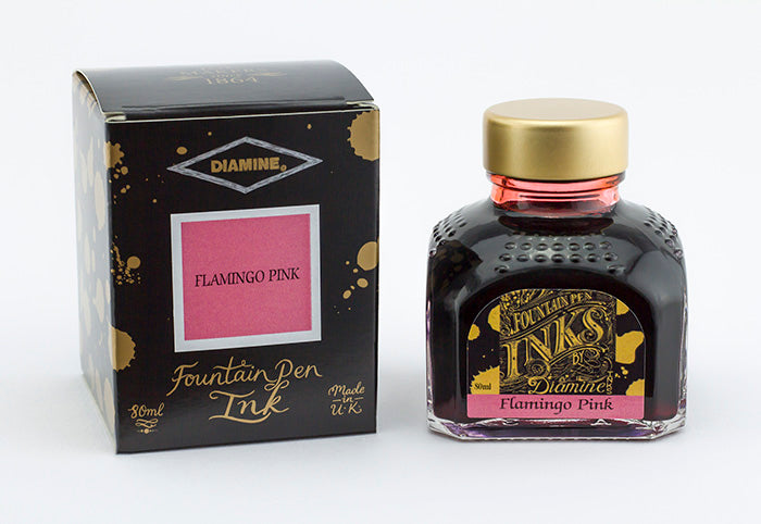 Diamine Flamingo Pink fountain pen ink bottle and packaging on a white background.