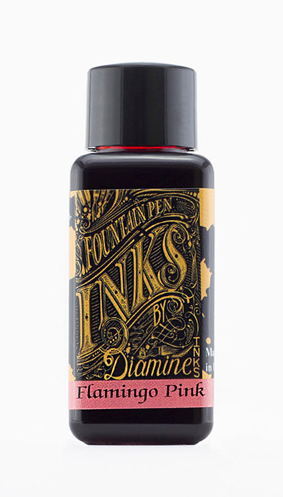 Diamine Flamingo Pink fountain pen ink bottle and packaging on a white background.