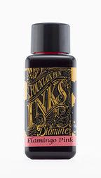 Diamine Flamingo Pink fountain pen ink bottle and packaging on a white background.