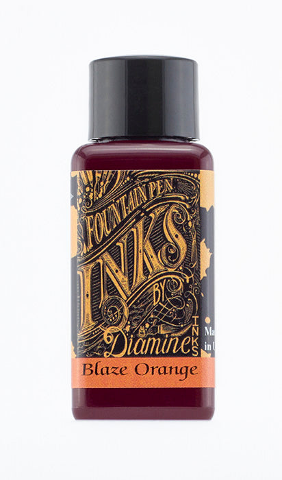 Diamine Blaze Orange fountain pen ink bottle and packaging on a white background.