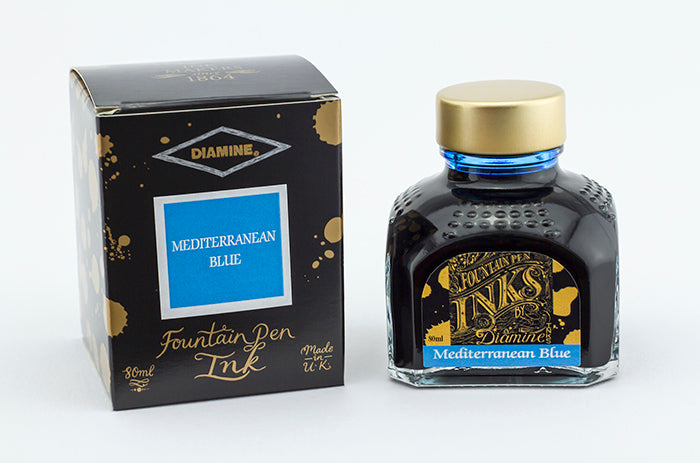 Diamine Mediterranean Blue fountain pen ink bottle and packaging on a white background.
