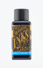 Diamine Mediterranean Blue fountain pen ink bottle and packaging on a white background.