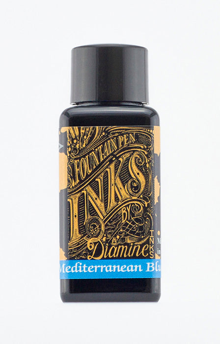 Diamine Mediterranean Blue fountain pen ink bottle and packaging on a white background.