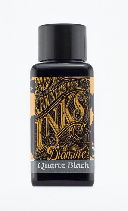 Diamine Quartz Black fountain pen ink bottle and packaging on a white background.