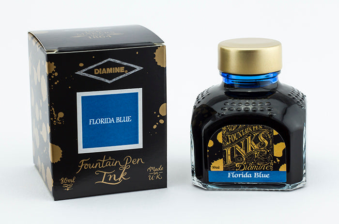 Diamine Florida Blue fountain pen ink bottle and packaging on a white background.