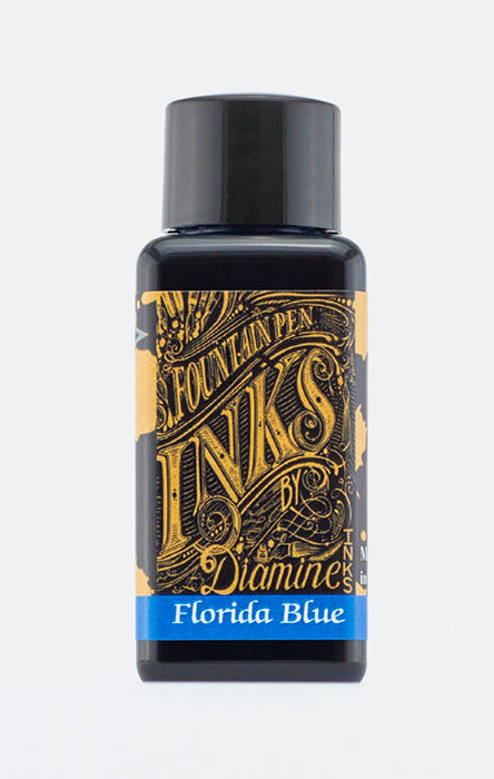Diamine Florida Blue fountain pen ink bottle and packaging on a white background.