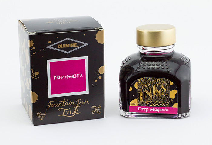 Diamine Deep Magenta fountain pen ink bottle and packaging on a white background.