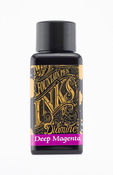 Diamine Deep Magenta fountain pen ink bottle and packaging on a white background.