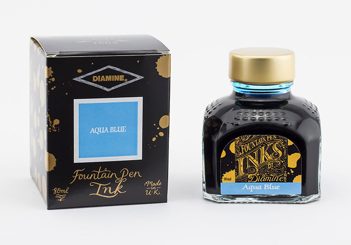 Diamine Aqua Blue fountain pen ink bottle and packaging on a white background.