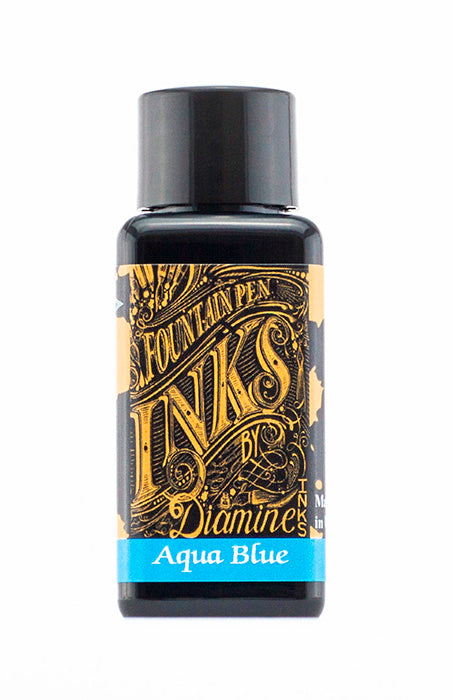 Diamine Aqua Blue fountain pen ink bottle and packaging on a white background.