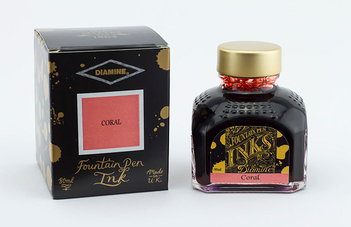Diamine Coral fountain pen ink bottle and packaging on a white background.