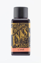 Diamine Coral fountain pen ink bottle and packaging on a white background.