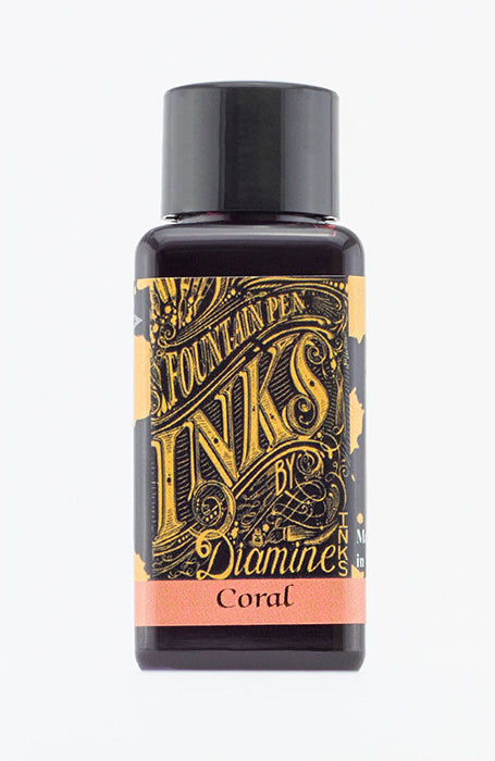 Diamine Coral fountain pen ink bottle and packaging on a white background.