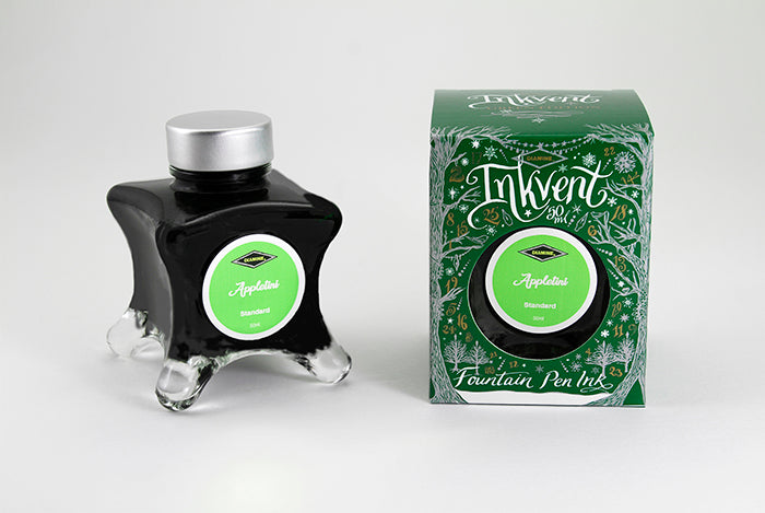 Diamine Appletini fountain pen ink bottle and packaging on a white background.