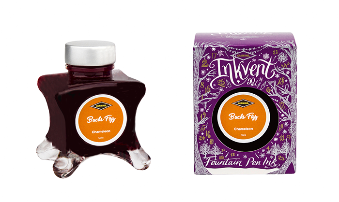 Diamine Bucks Fizz fountain pen ink bottle and packaging on a white background.
