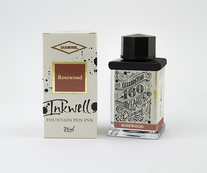 Diamine Rosewood fountain pen ink bottle and packaging on a white background.