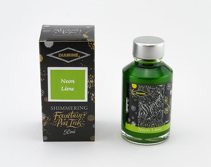 Diamine Neon Lime fountain pen ink bottle and packaging on a white background.