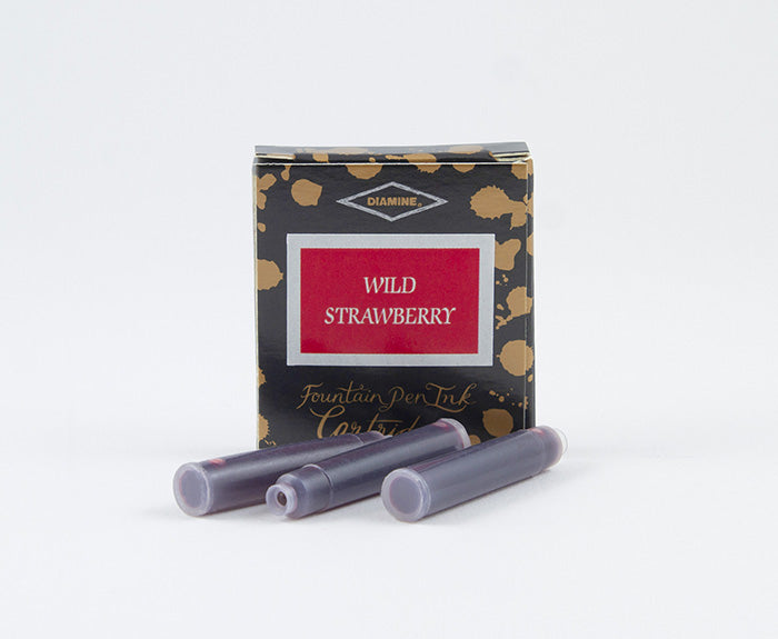 Diamine Wild Strawberry fountain pen ink cartridges and packaging box on a white background.