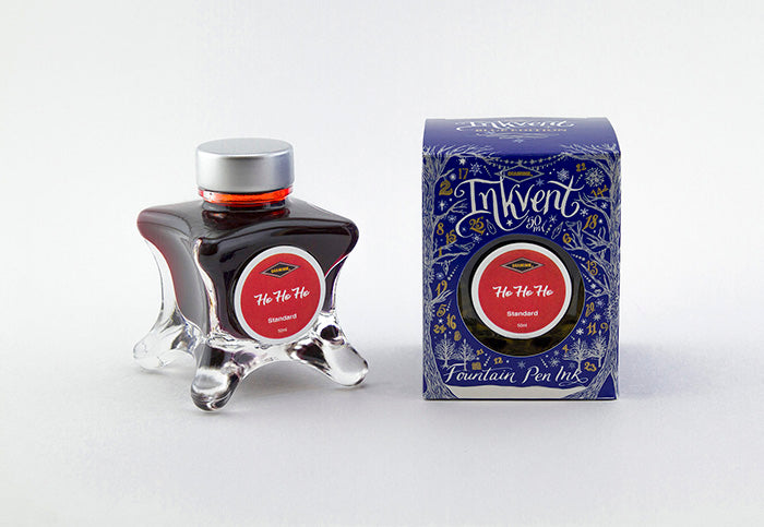 Diamine Ho Ho Ho fountain pen ink bottle and packaging on a white background.