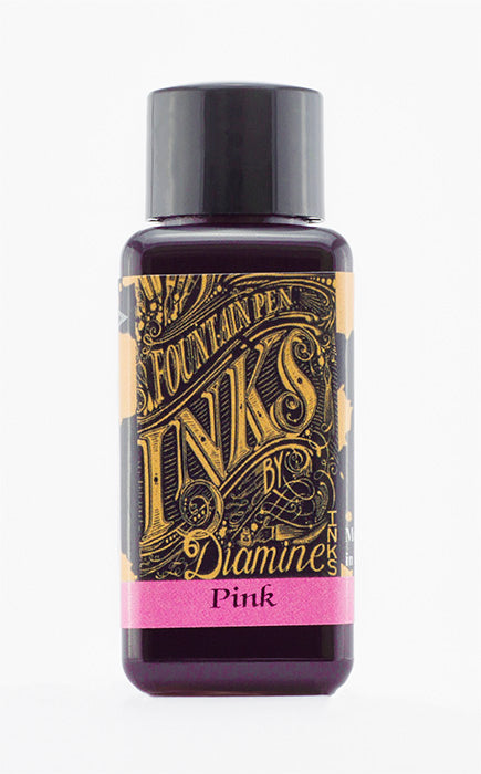Diamine Pink fountain pen ink bottle and packaging on a white background.