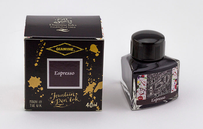 Diamine Espresso fountain pen ink bottle and packaging on a white background.