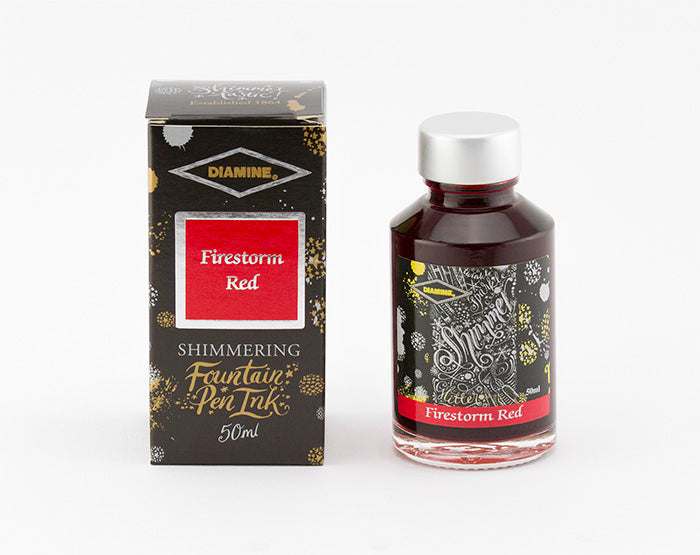 Diamine Firestorm Red fountain pen ink bottle and packaging on a white background.