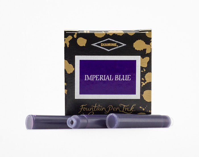 Diamine Imperial Blue fountain pen ink cartridges and packaging box on a white background.