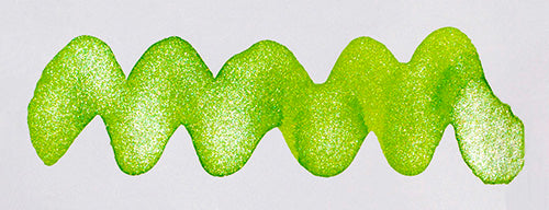 Wavy green line on a white background. Diamine Neon Lime fountain pen ink colour swatch.