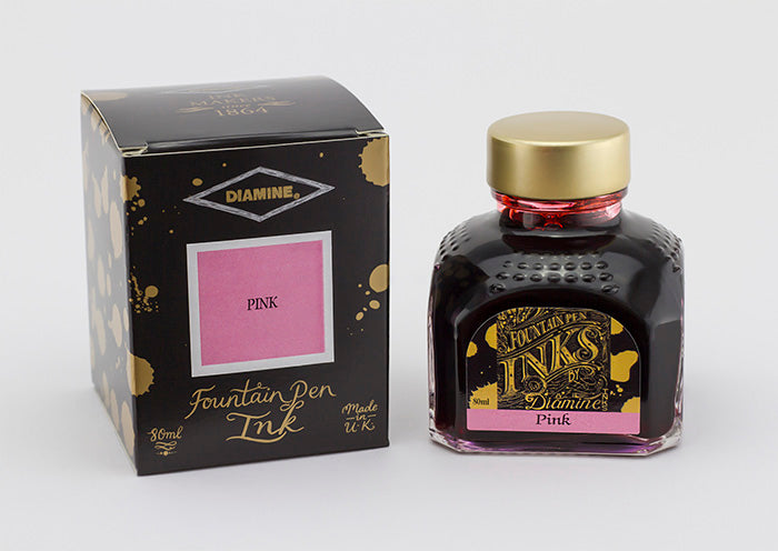 Diamine Pink fountain pen ink bottle and packaging on a white background.