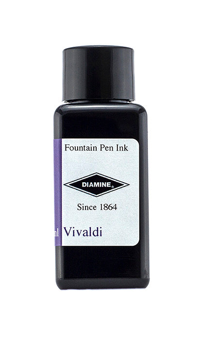 Diamine Vivaldi fountain pen ink bottle and packaging on a white background.