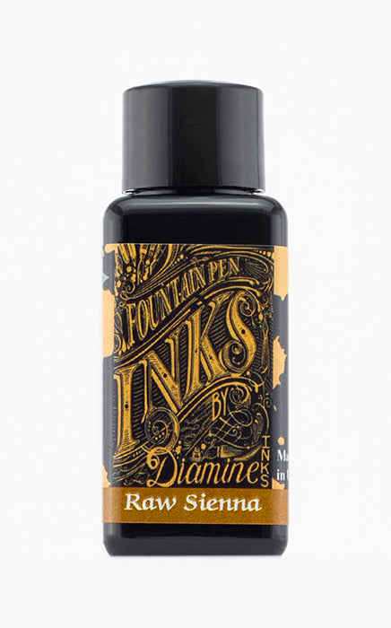 Diamine Raw Sienna fountain pen ink bottle and packaging on a white background.