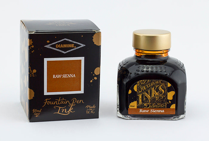 Diamine Raw Sienna fountain pen ink bottle and packaging on a white background.