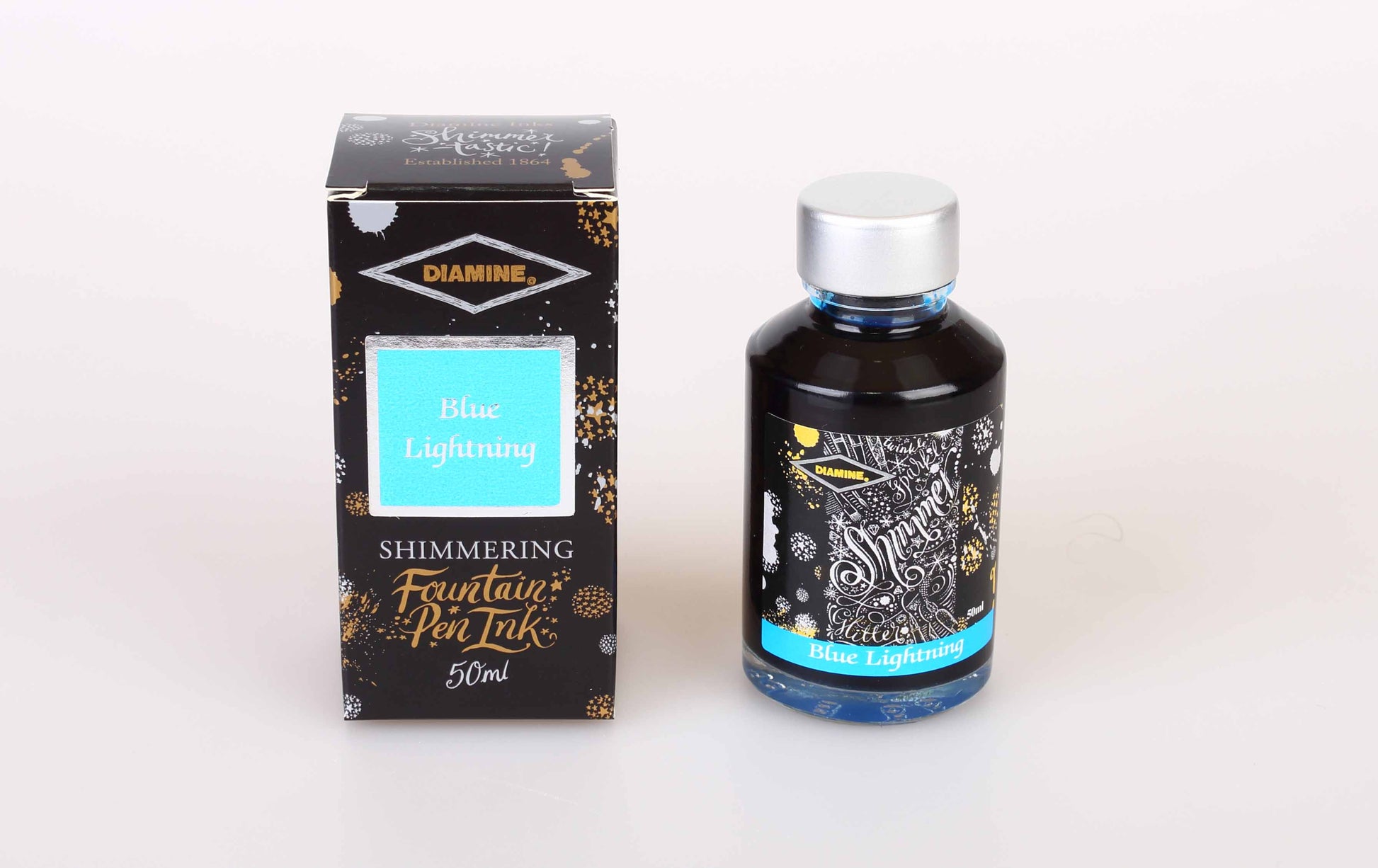 Diamine Blue Lightning fountain pen ink bottle and packaging on a white background.