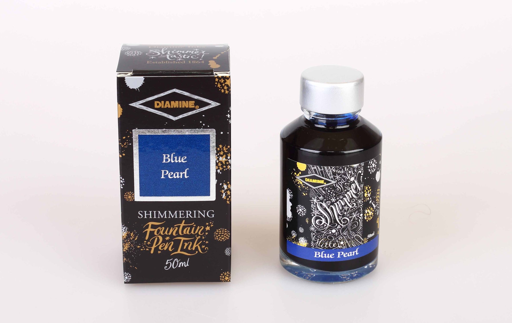 Diamine Blue Pearl fountain pen ink bottle and packaging on a white background.