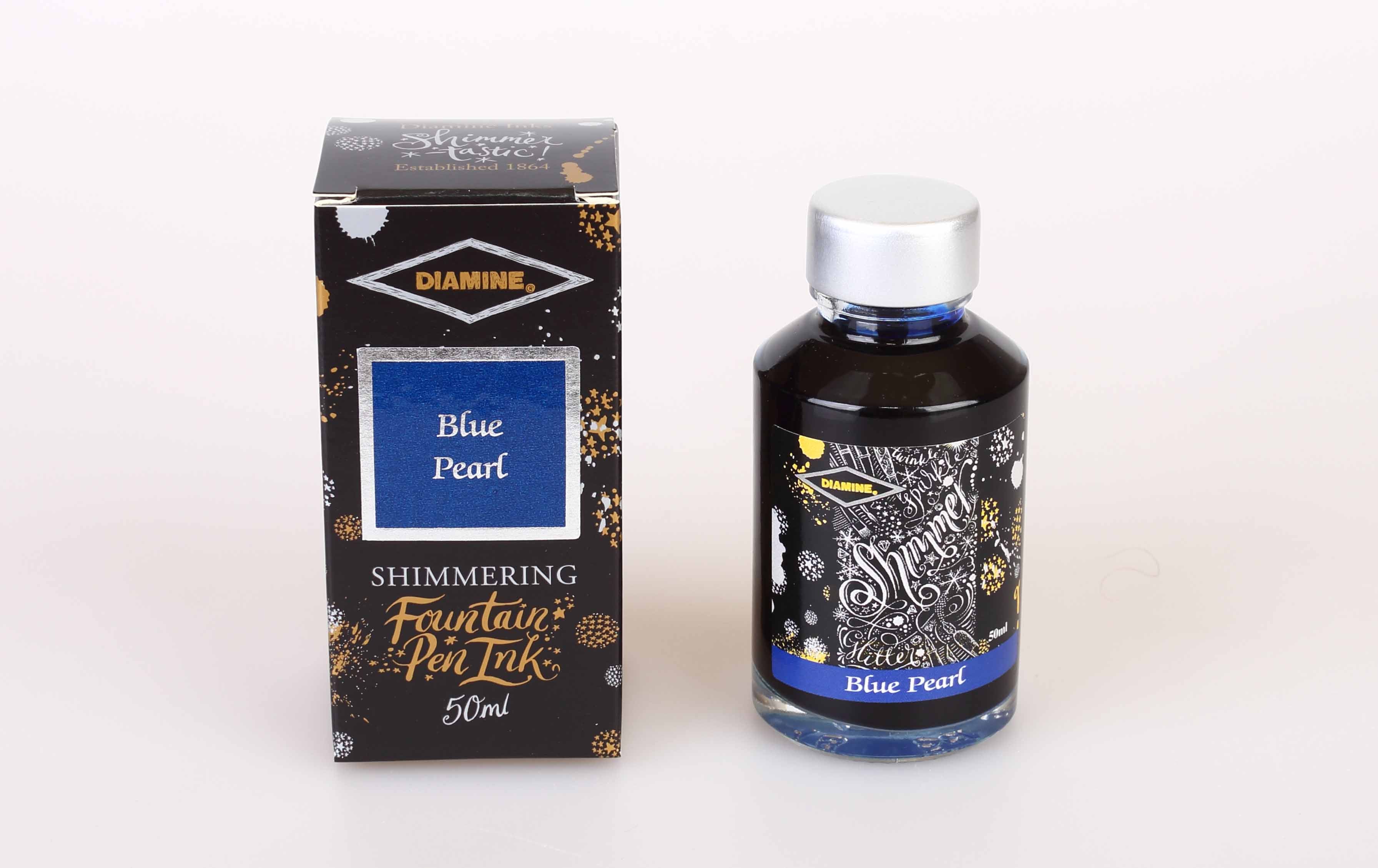 Diamine Blue Pearl fountain pen ink bottle and packaging on a white background.